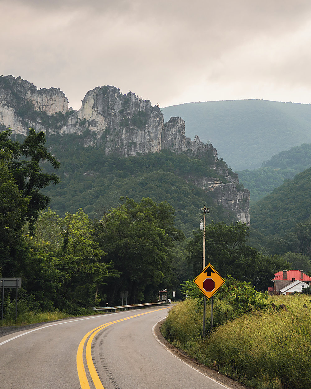 A road curving toward Seneca Rocks, West Virginia